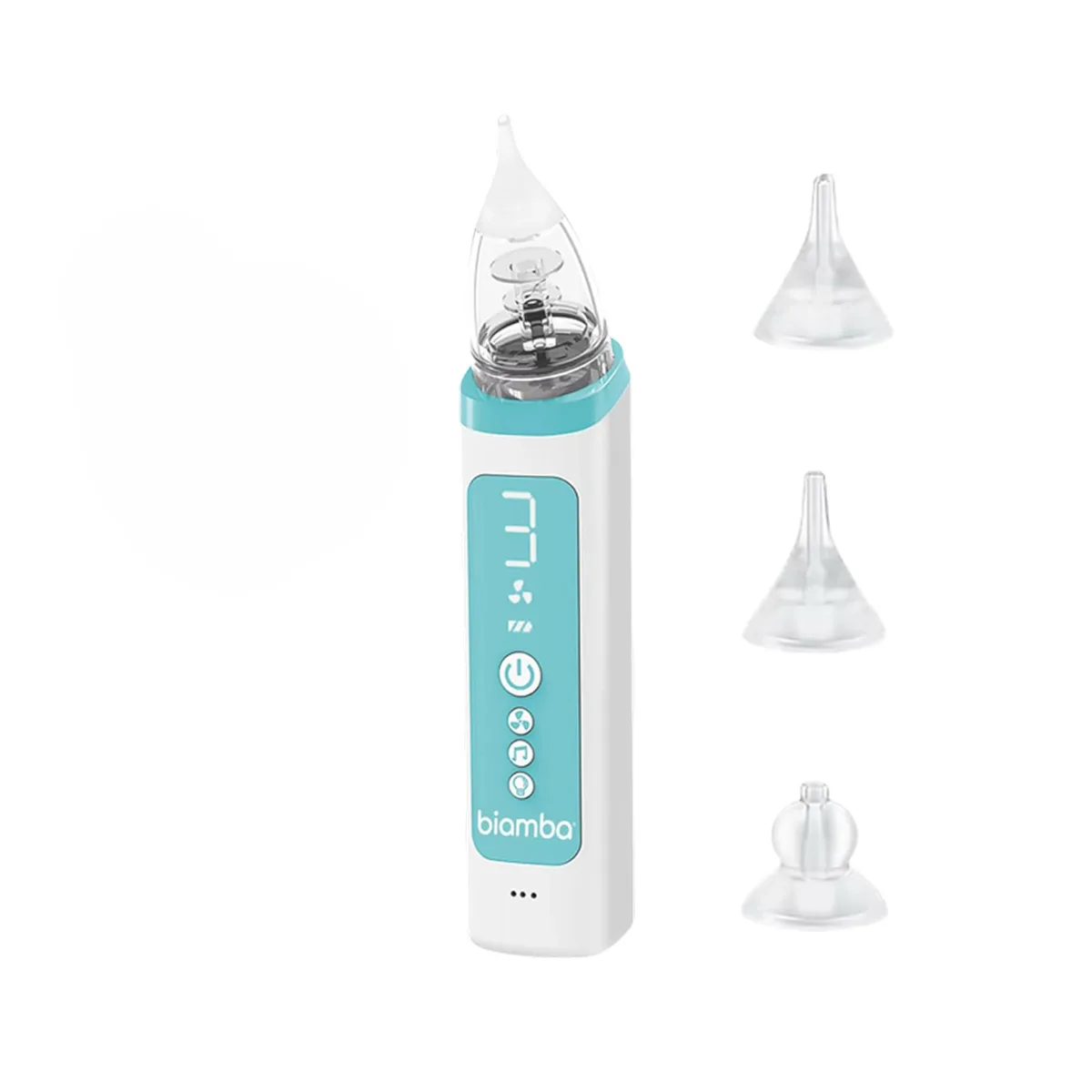 White handheld electric nasal aspirator with soft silicone tip and LED display