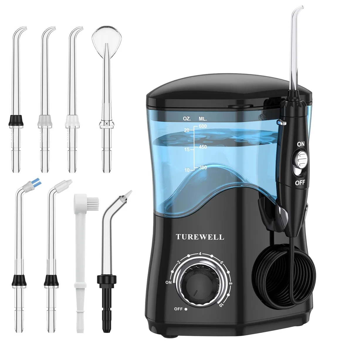 Black countertop water flosser with 600 ml tank, corded base and detachable handle