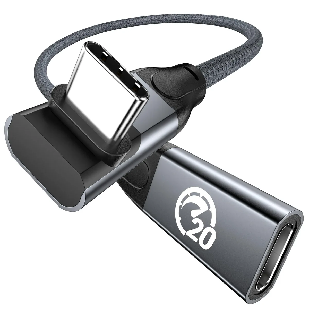 Grey braided USB-C right-angle extension cable, 1ft, male-to-female connectors