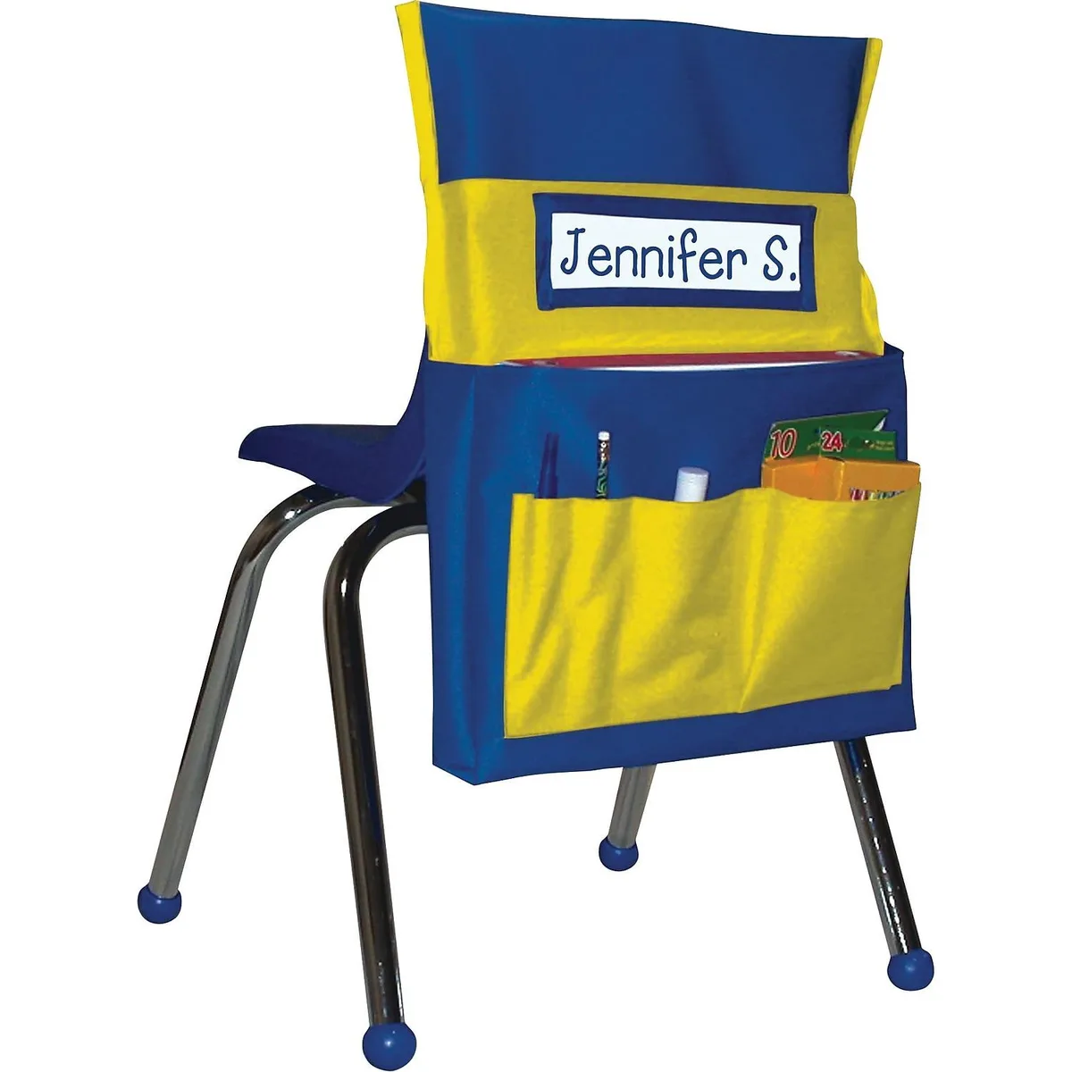 Blue canvas chairback organizer with six pockets and clear name tag window