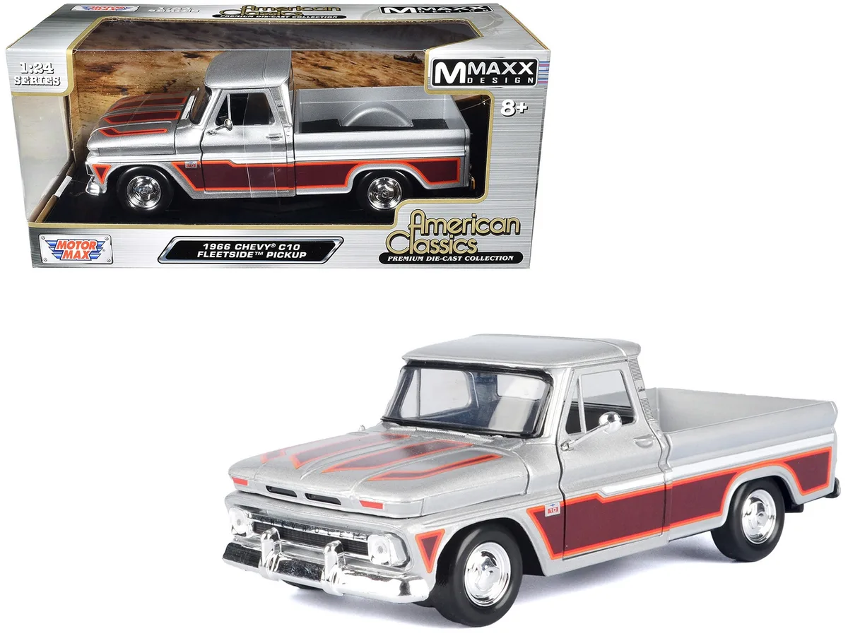 MOTORMAX MOTORMAX 1966 Chevrolet C10 Fleetside 1/24 Diecast Truck Silver Metallic Brown Sides American Classics — product photo