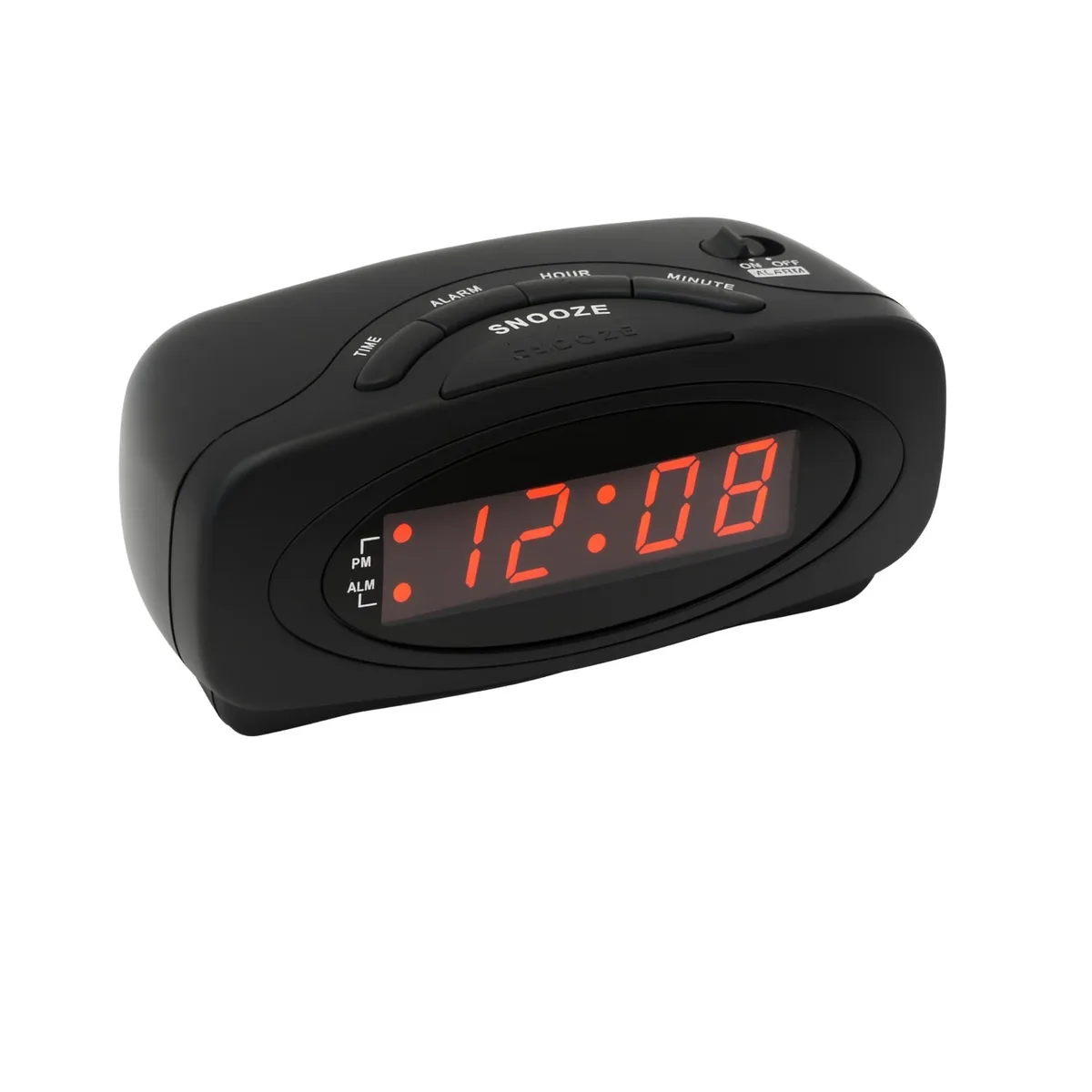 Red rectangular alarm clock with large LED digits and battery backup compartment
