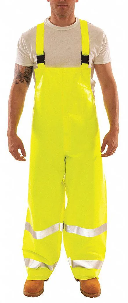 Yellow and green arc flash rain overall with reflective tape, PVC on Nomex fabric, hook and loop ankle straps