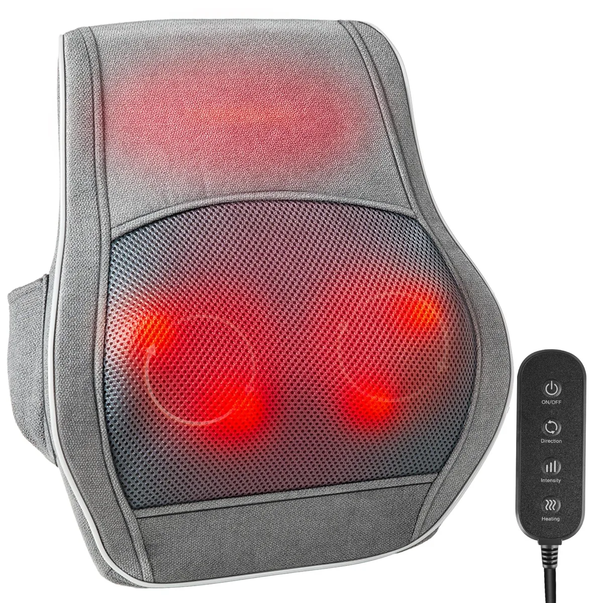 Gray rectangular massage pillow with faux leather finish and attached remote control