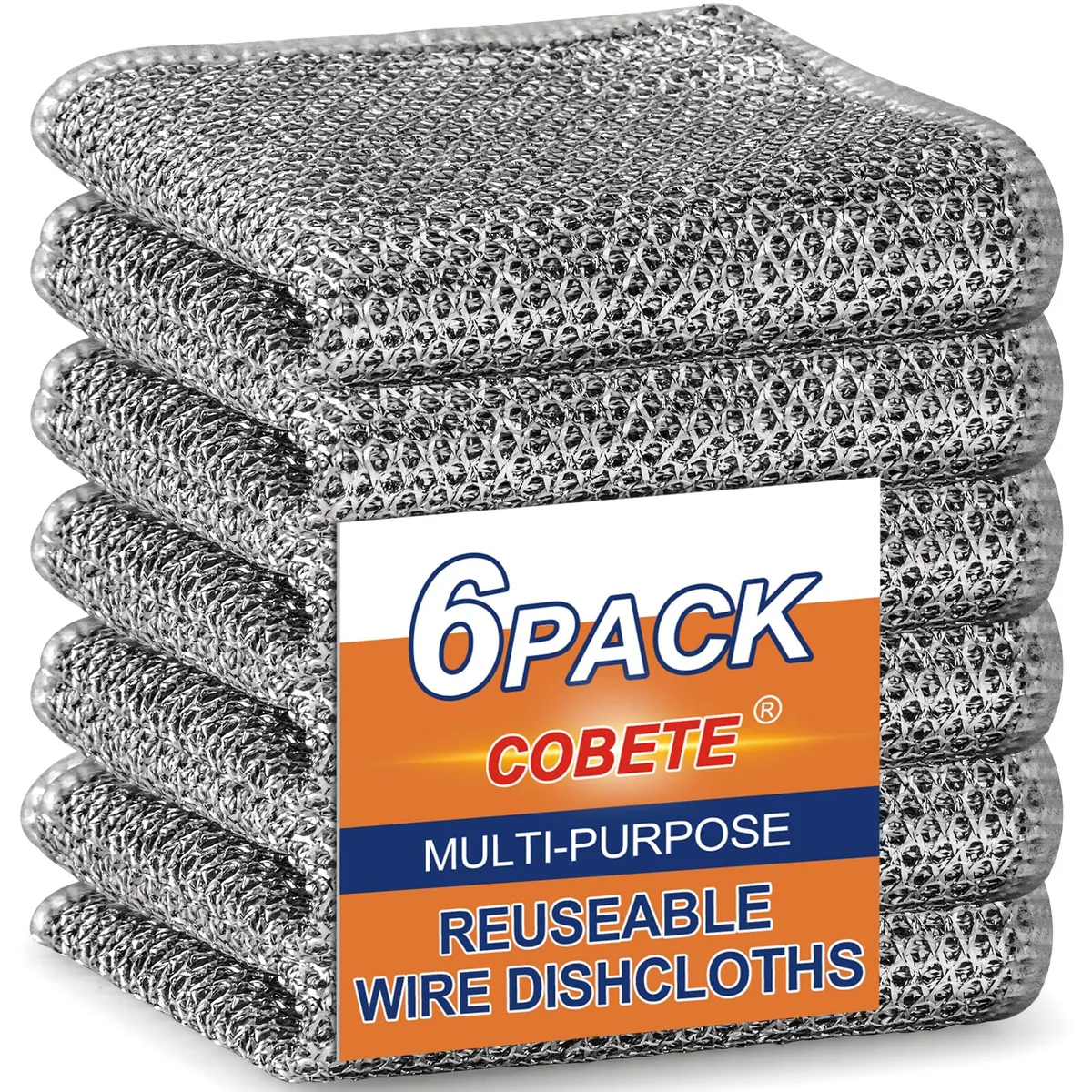 Six silver wire dishcloths stacked, each square with diamond mesh and sealed edges