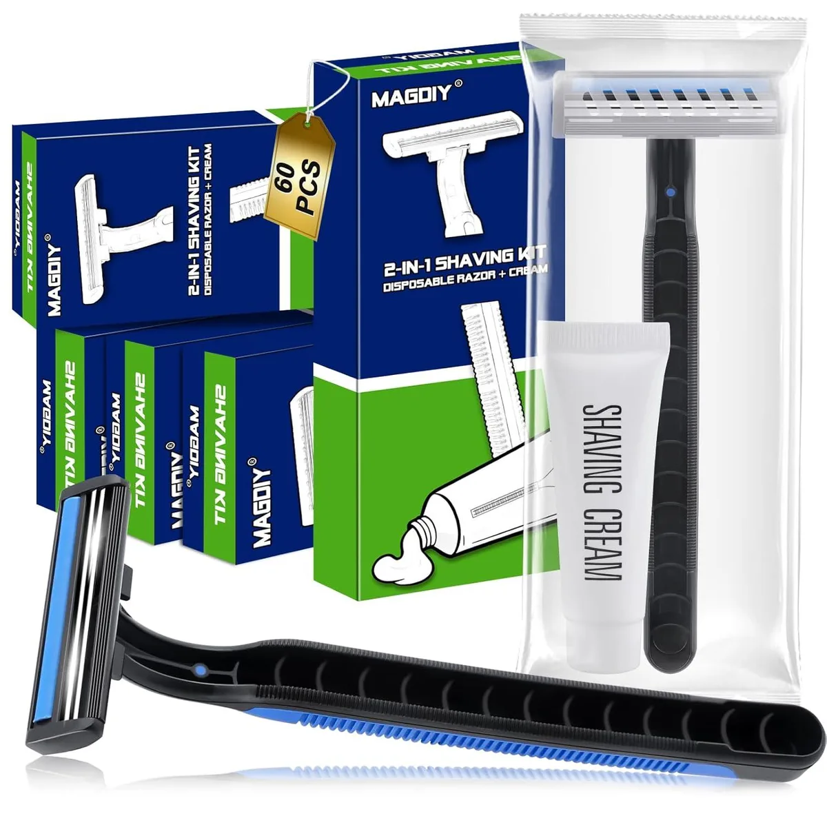 Box of 60 individually wrapped twin-blade razors with small shaving cream tubes