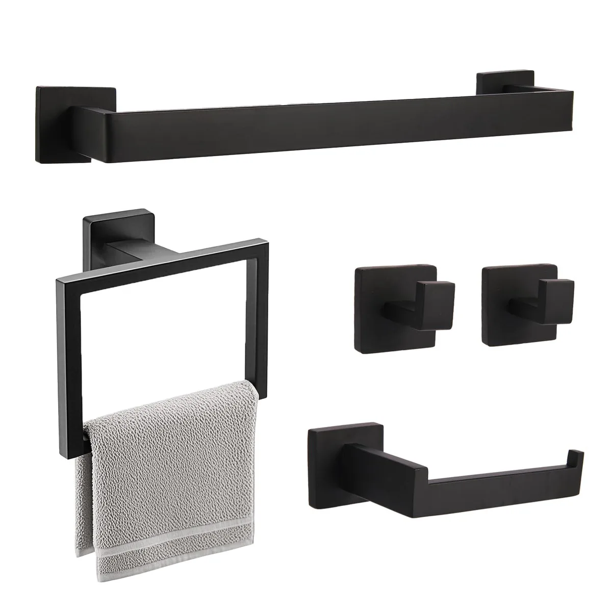 Five-piece black matte stainless steel bathroom accessory set with towel bar, ring, paper holder, and two robe hooks