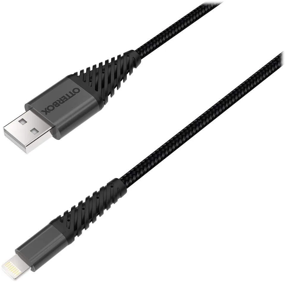 Black OtterBox Lightning to USB cable, three metres long with braided nylon finish