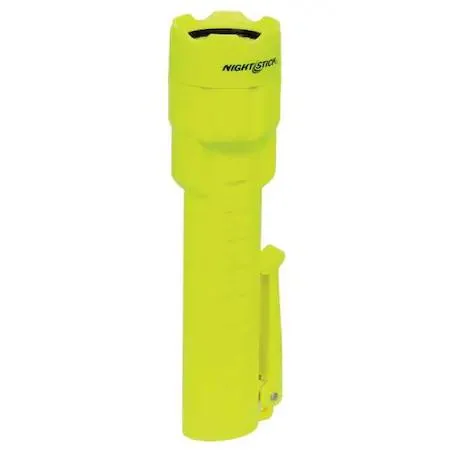 Green plastic handheld LED flashlight, spot beam, uses three AA alkaline batteries