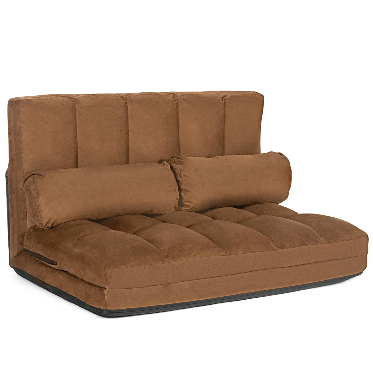 Brown foldable floor sofa bed with adjustable backrest and two pillows