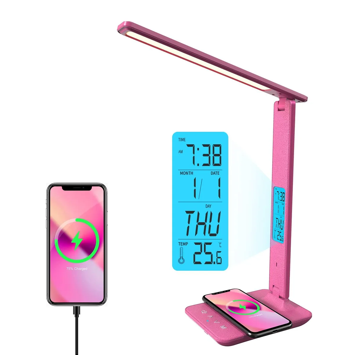  poukaran Desk Lamp with Wireless Charger, USB Port, Clock, Alarm, Date, Temperature, 180° Arm, 90° Base, Pink — product photo
