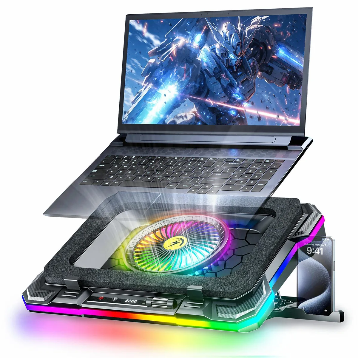 DNBeffulgent DNBeffulgent K1-5V RGB 5.5in Turbofan Laptop Cooling Pad 15.6-19.3in 8 Heights 2 USB — product photo