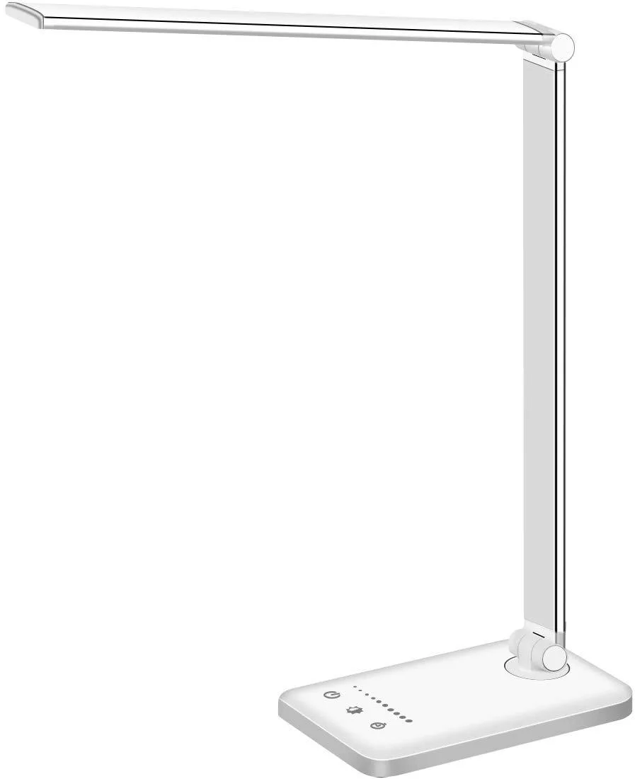 Silver desk lamp with adjustable arm and USB cable