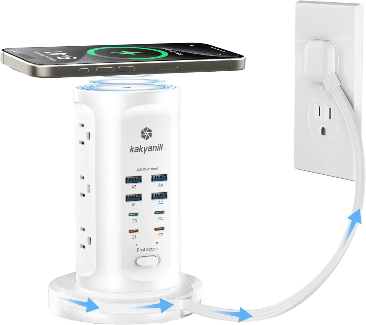 BFKK BFKK 115W Power Strip Tower 9 AC 8 USB 6ft Retractable Cord Black White — product photo