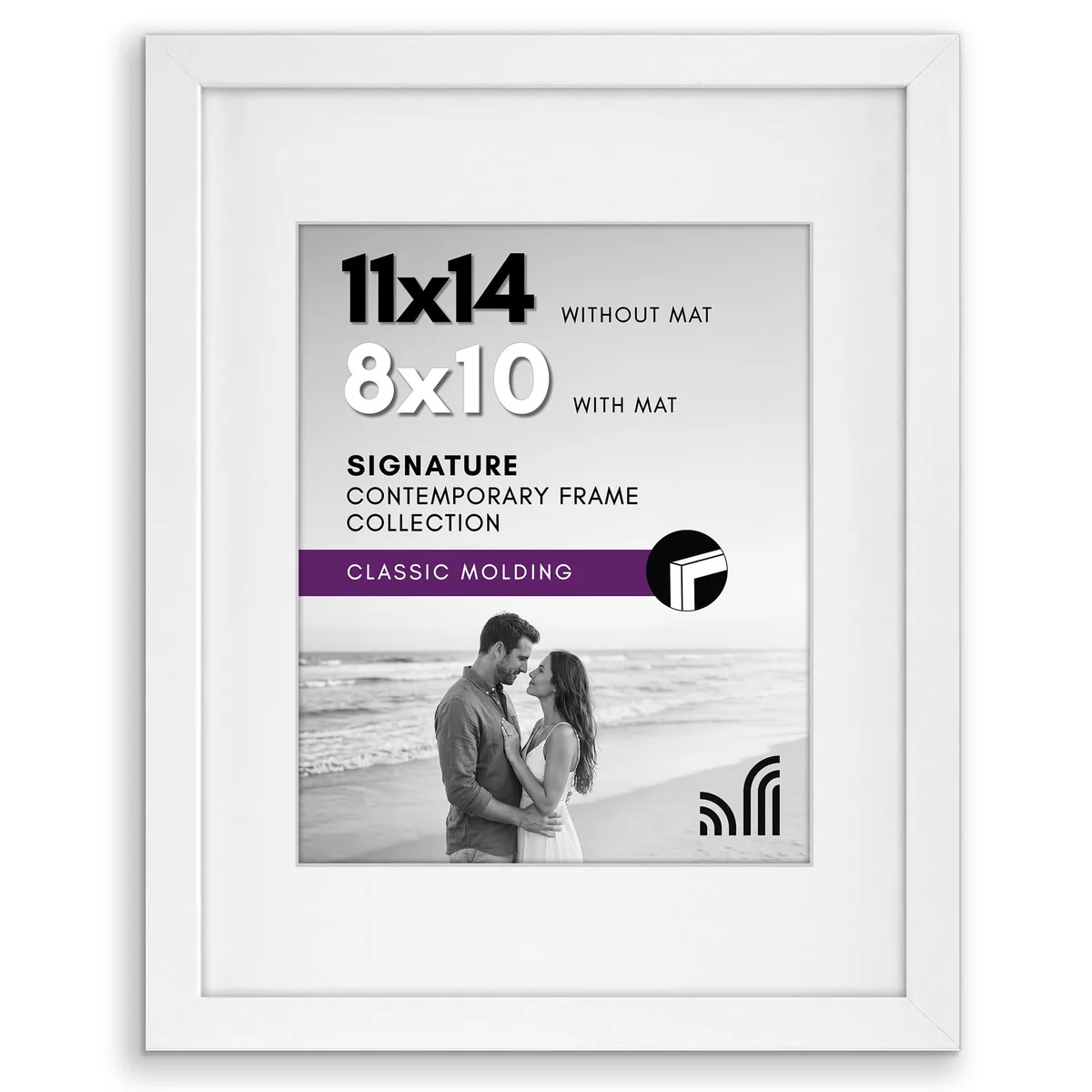 White rectangular wood frame with shatter-resistant glass, 11x14 with 8x10 mat
