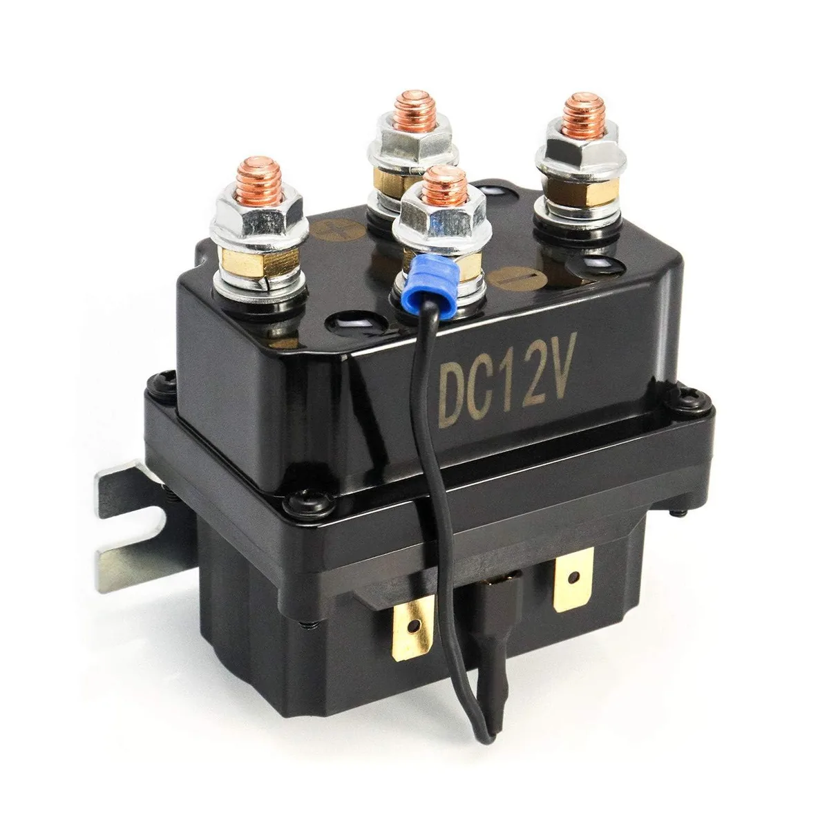 Black rectangular solenoid relay with four metal terminals and mounting holes