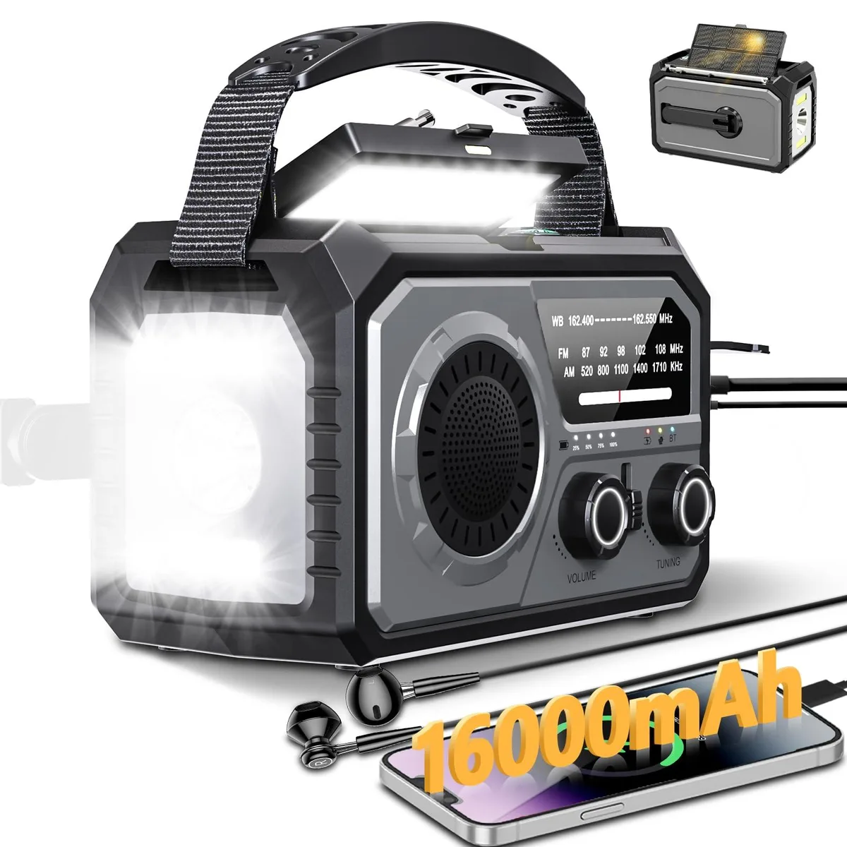 Rectangular orange emergency radio with solar panel, hand crank, flashlight and USB ports