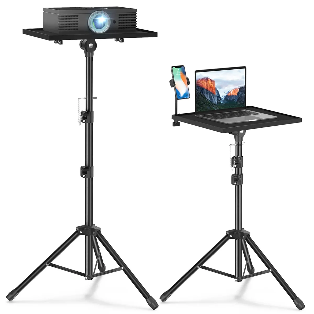Silver metal tripod with white rectangular tray, three telescopic legs, adjustable height