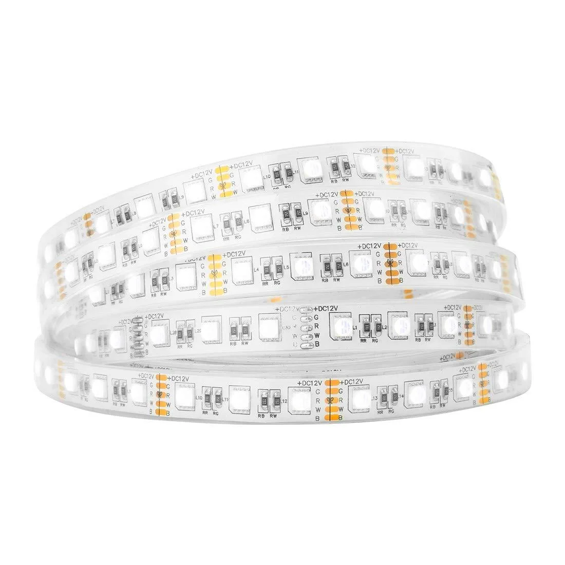 White silicone-sheathed LED strip on reel showing cut points and 5-pin connectors