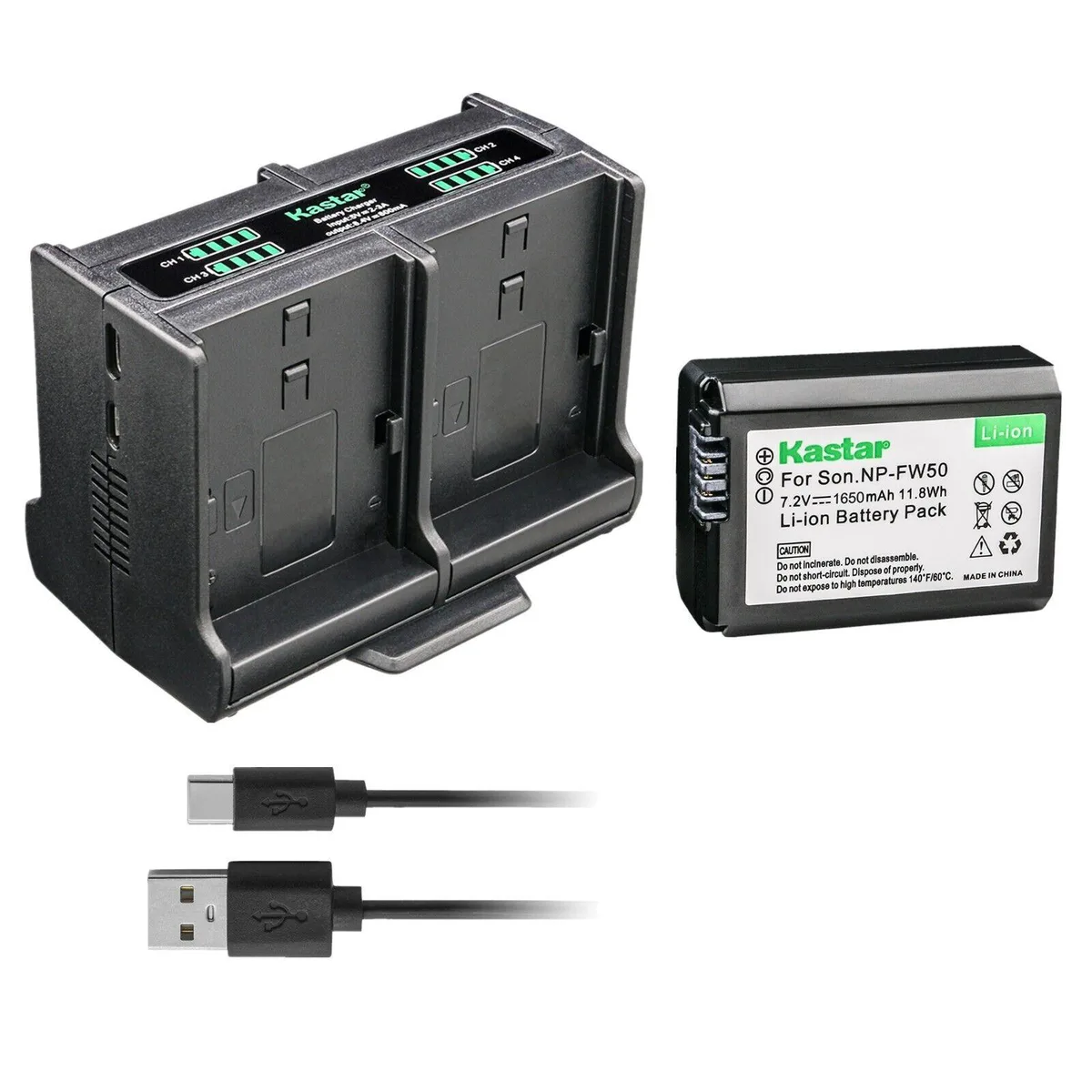 Kastar Kastar NP-FW50 1650mAh battery &amp; quad USB charger for Sony a6300 a6400 a6500 a7 a7II — product photo