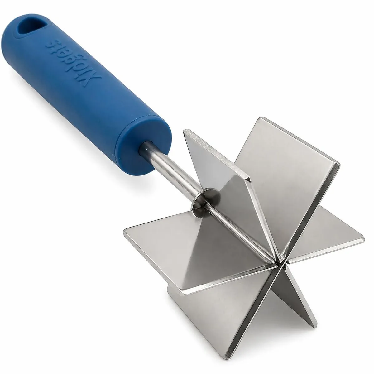 Stainless steel meat chopper with six blades and soft-grip handle in lagoon blue