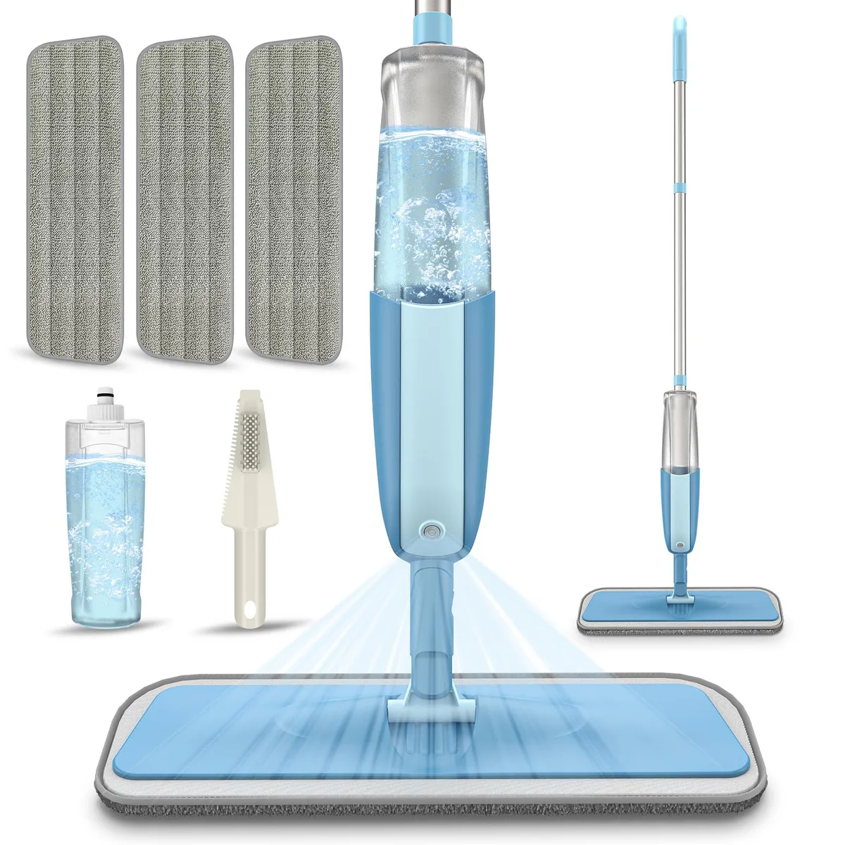 White spray mop with refillable bottle, aluminum pole, rotating head and washable pads
