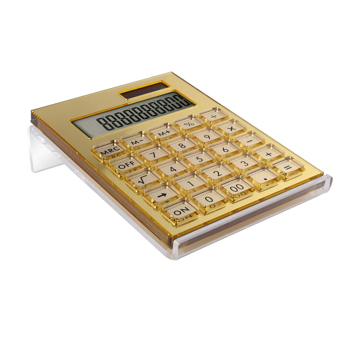 Gold acrylic desktop calculator on 30-degree tilted stand with 12-digit LCD display