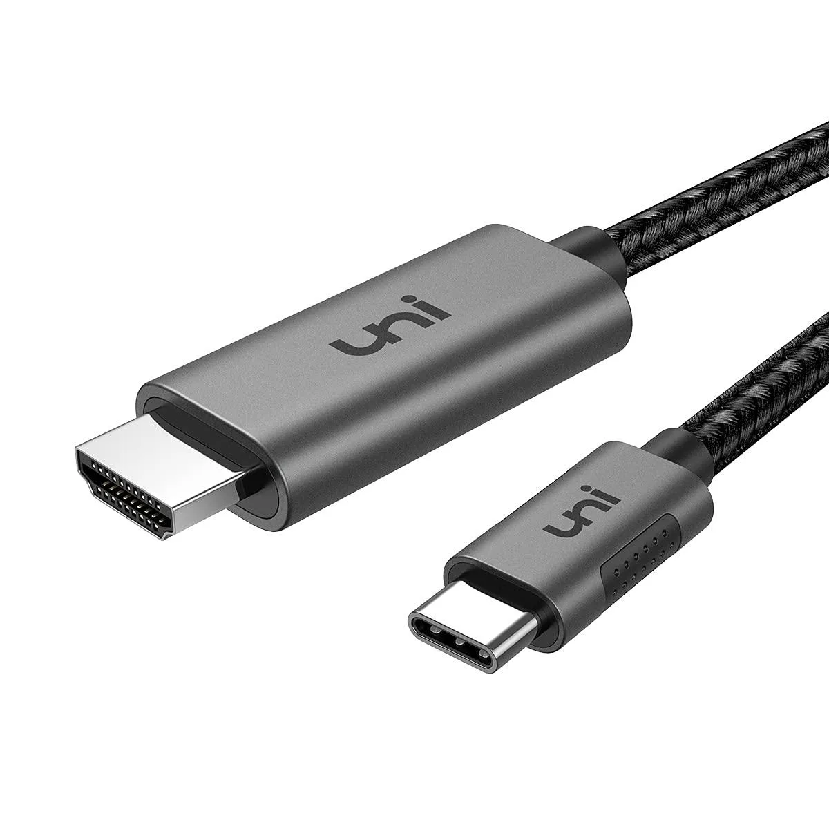 Grey six-foot USB-C to HDMI cable with nylon braided finish