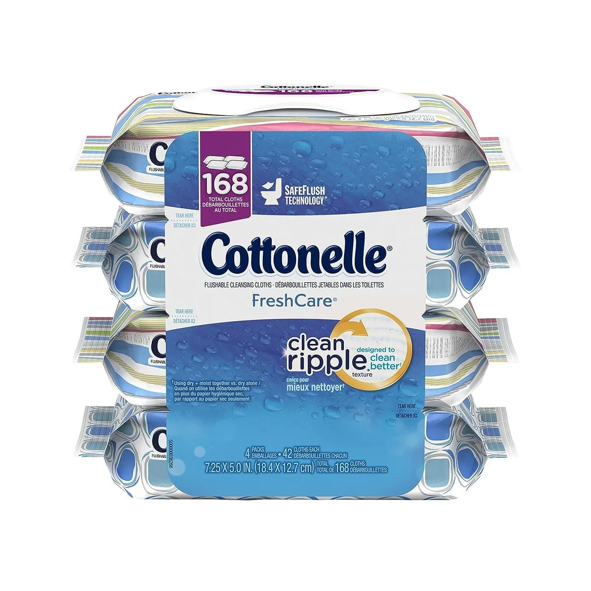 Four packs of flushable cleansing cloths, forty-two sheets each