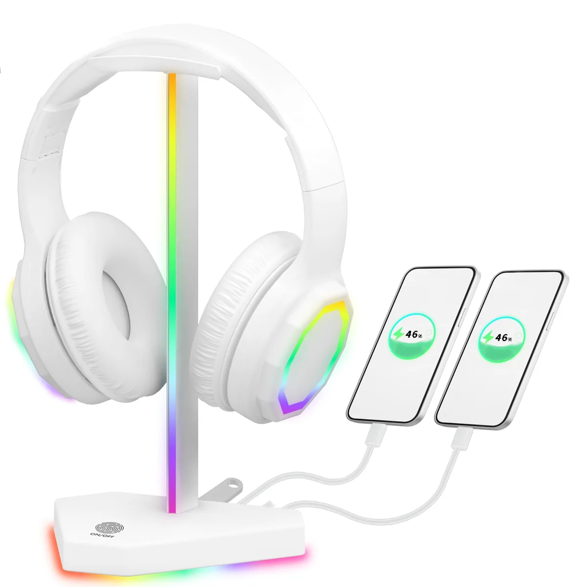  charlxee HS01 RGB Headphone Stand White 2 USB-C 1 USB 7 Light Modes — product photo