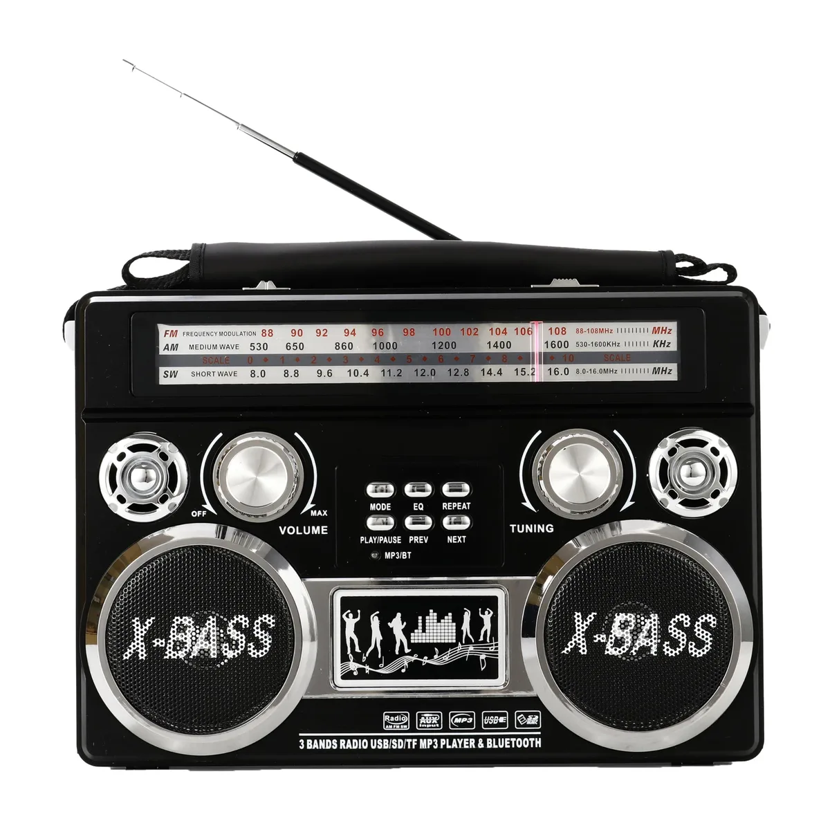 Black retro portable radio with telescopic antenna flashlight and carry strap