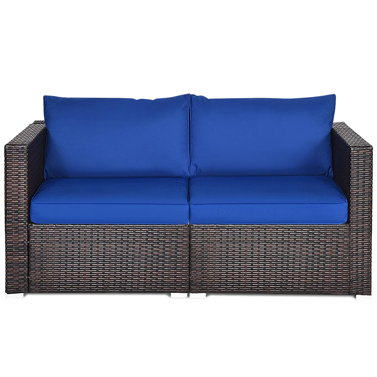 Two-piece navy cushion rattan corner sofa set, weather-resistant PE rattan weave on powder-coated steel frames