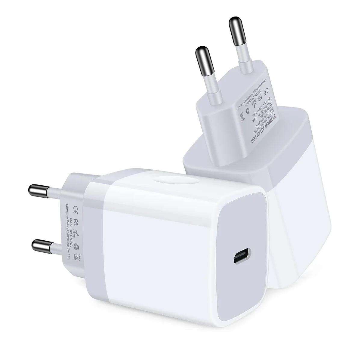 Two compact white USB-C wall chargers with European plug pins side by side