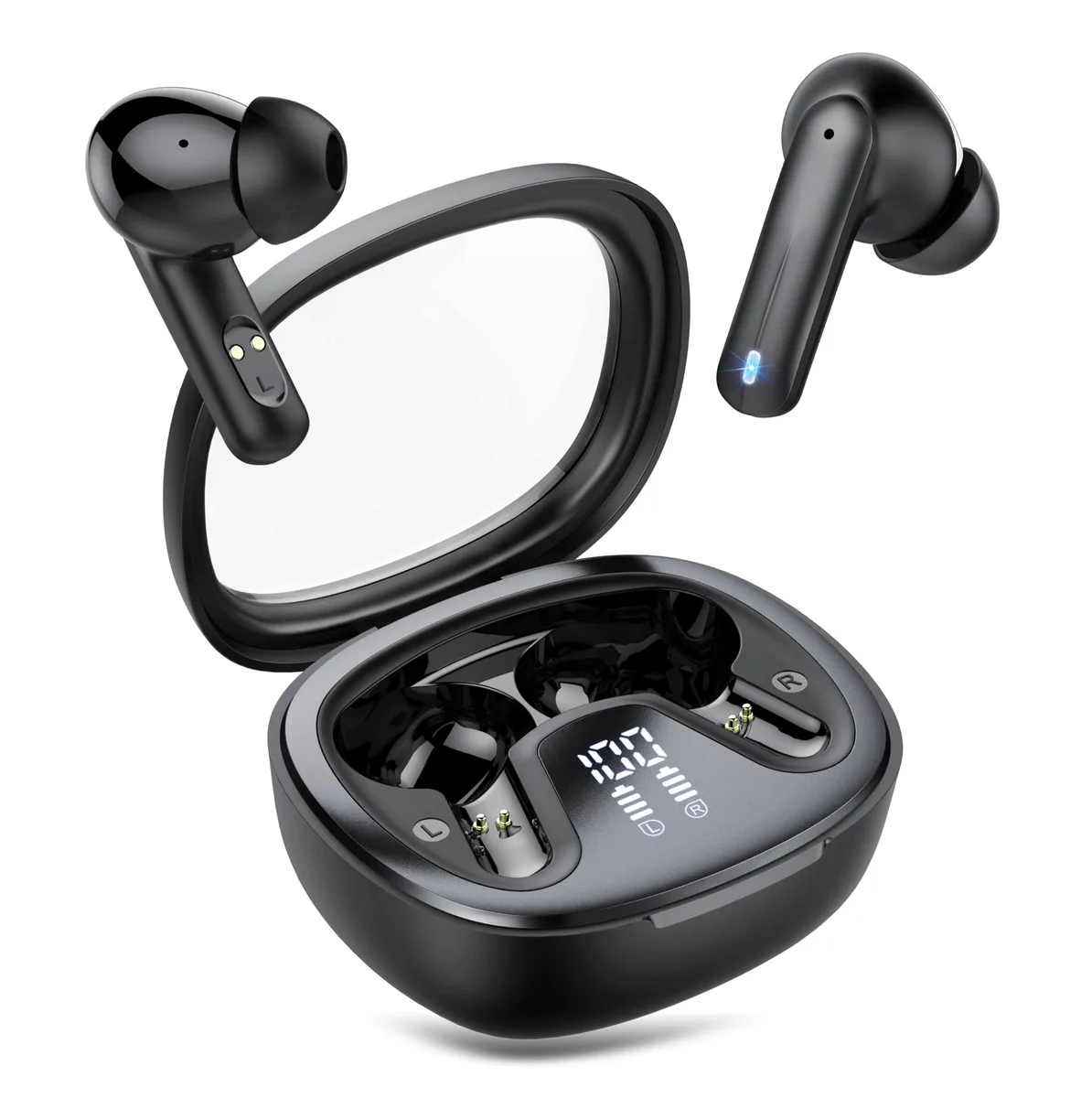 White wireless earbuds in open charging case, silicone tips visible