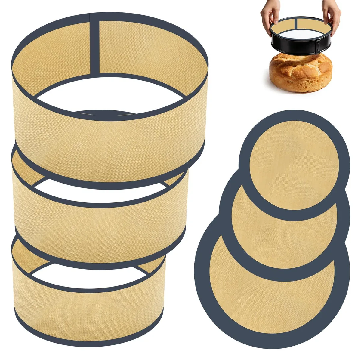Three gray silicone baking mats and matching edge strips for springform pans