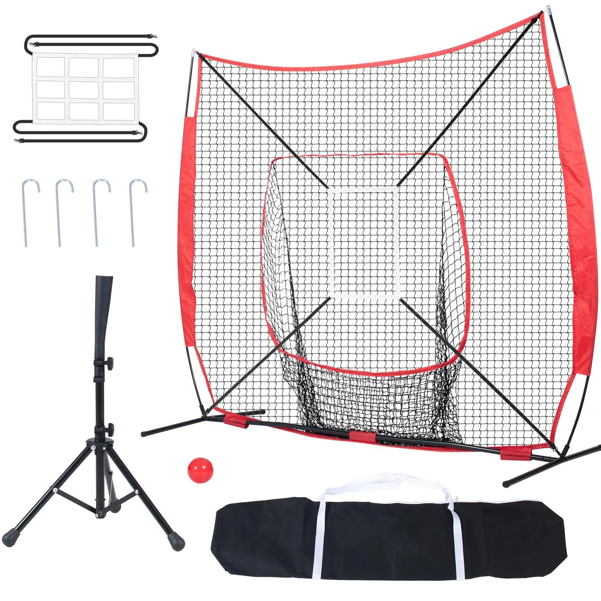 Green 7x7 ft baseball net with bow frame, strike zone target, tee, ball and carry bag