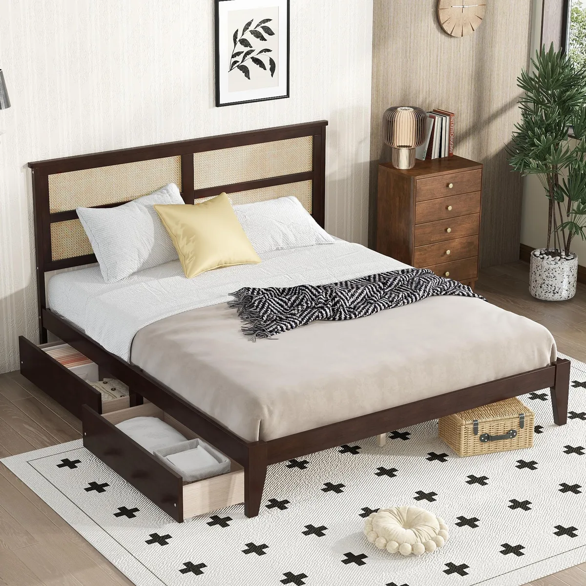King-size bed frame with woven rattan headboard, espresso finish, two under-bed drawers visible