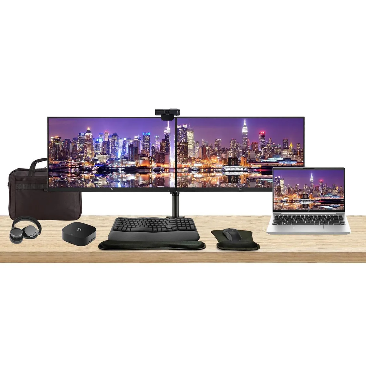HP HP ProBook 445 G10 14" Ryzen 5 16GB 256GB laptop bundle with 2×24" monitors, dock, peripherals, bag — product photo