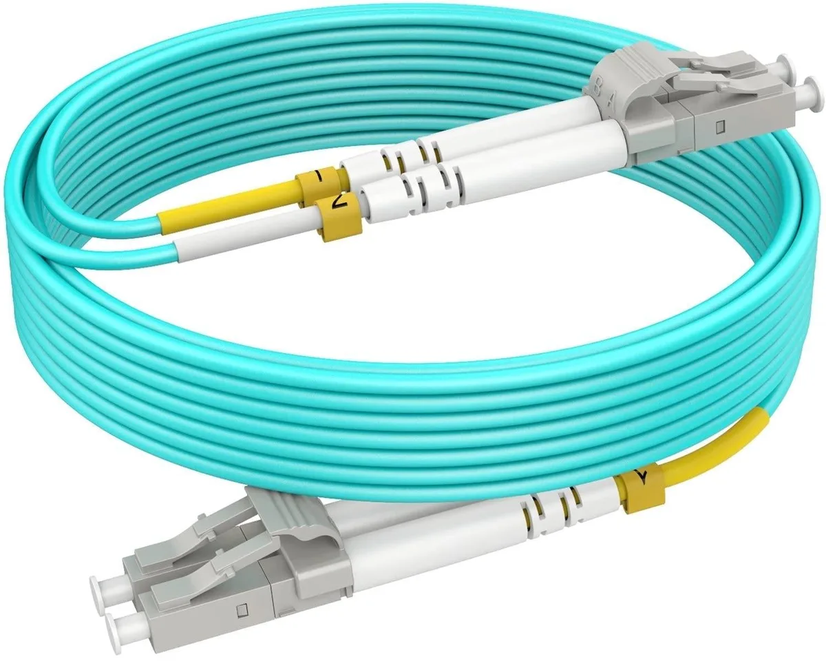 Five aqua duplex fiber cables with LC connectors, two metres each, LSZH jacket