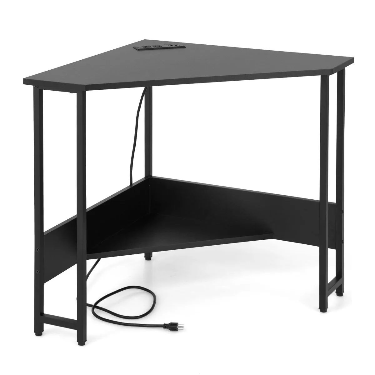 Triangular black corner desk with steel frame and built-in charging station