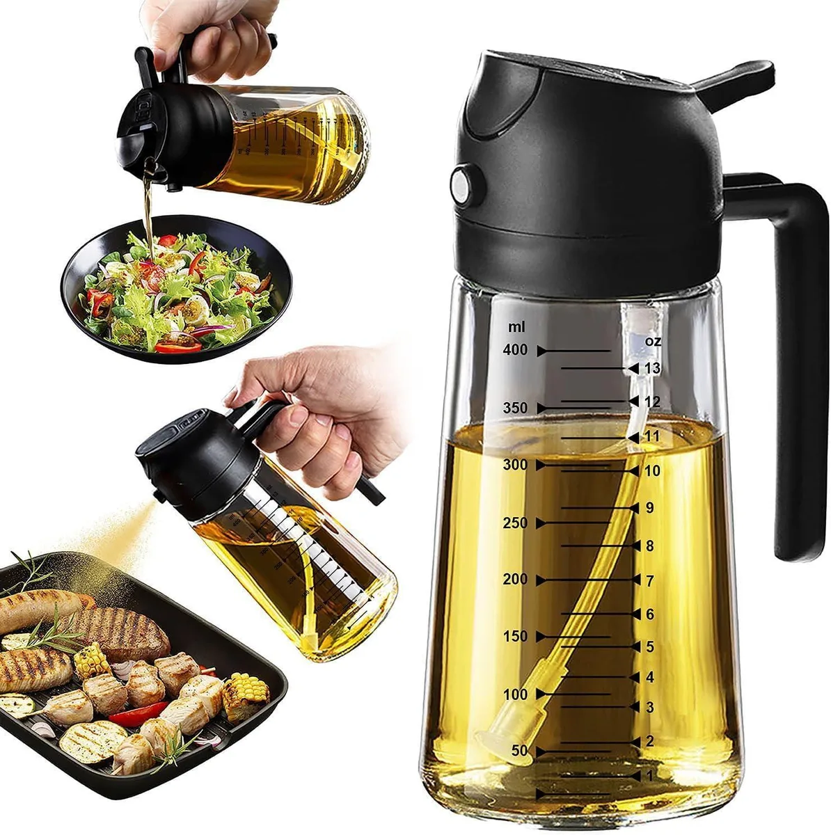 Clear glass cylindrical oil dispenser sprayer 470ml capacity 10.2 inches tall 5.9 inches wide
