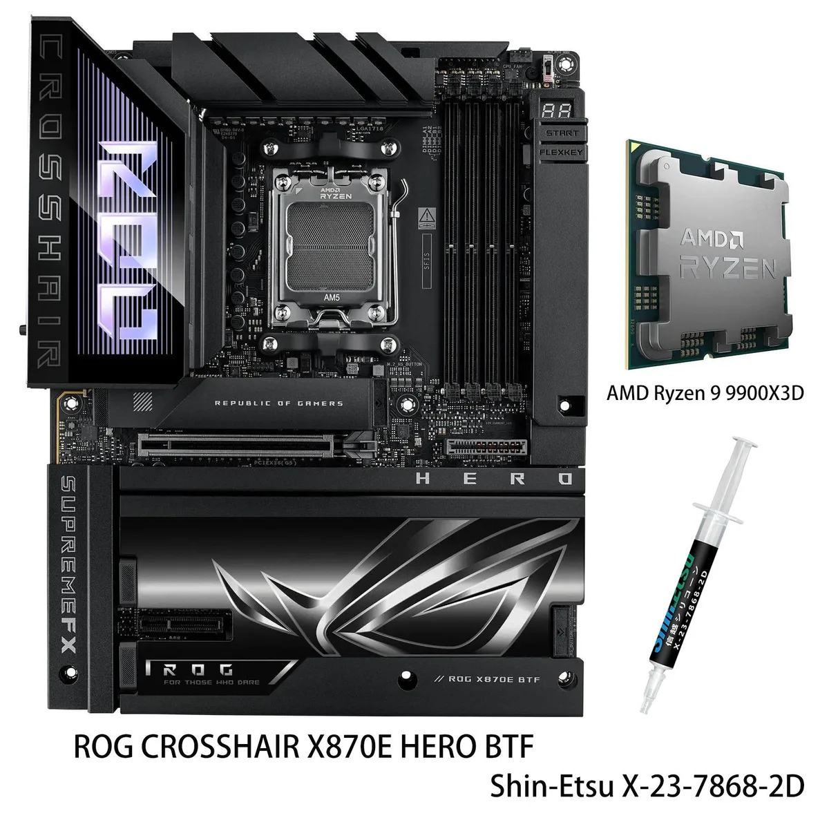 ASUS ASUS ROG CROSSHAIR X870E HERO BTF AMD motherboard &amp; Ryzen 9 9900X3D CPU combo — product photo