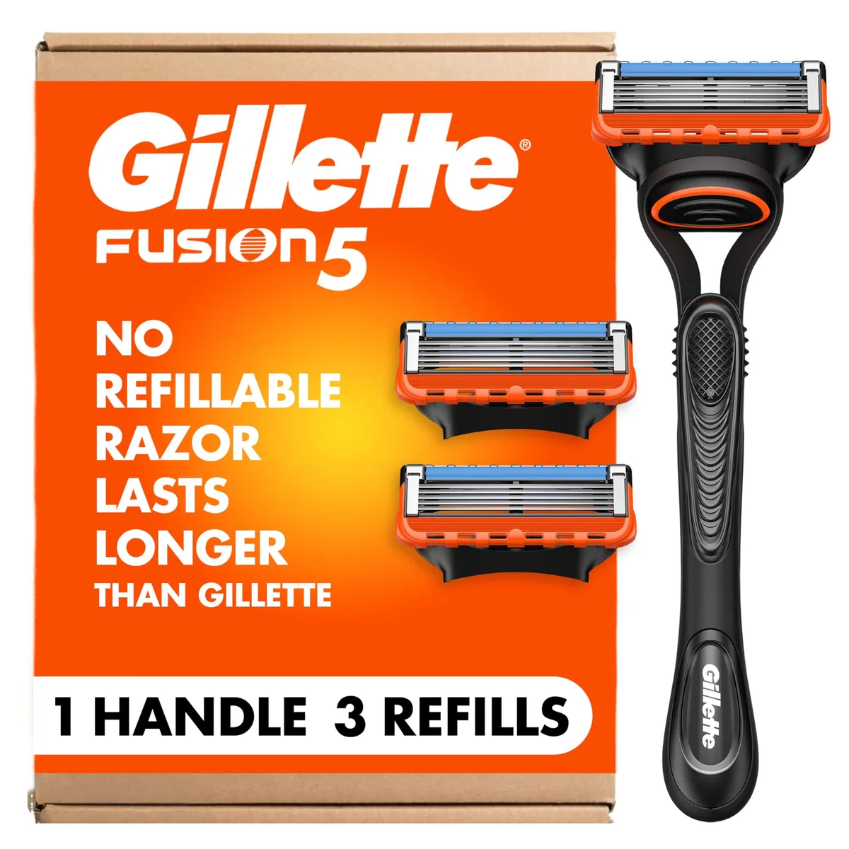 Black Fusion5 cartridge razor handle with three refill cartridges showing five blades and lubricating strip
