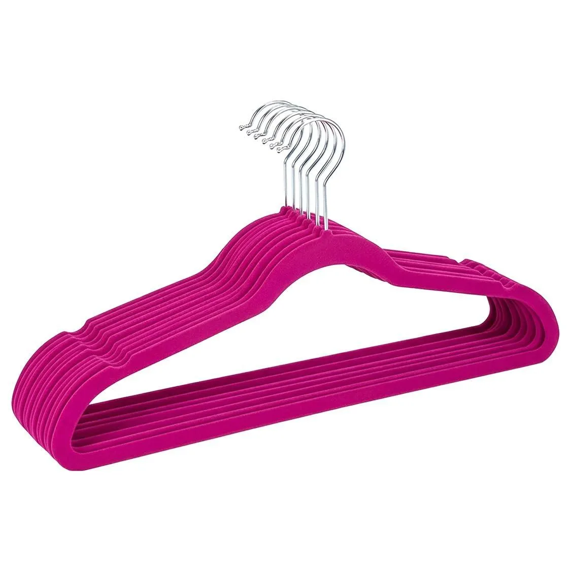 Ten fuchsia velvet hangers with slim curved shape
