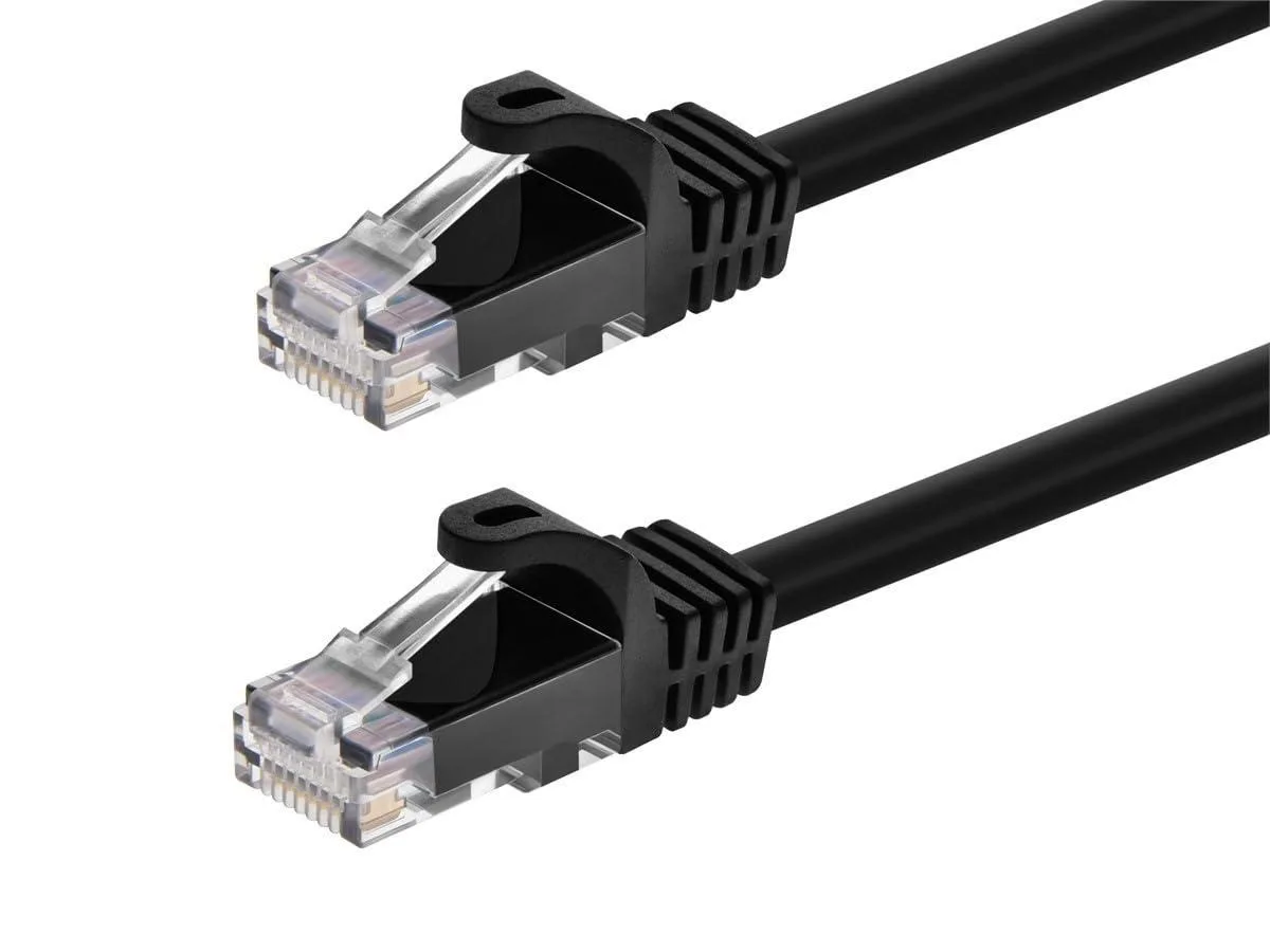 Twelve short black Cat6 patch cables with narrow snagless boots