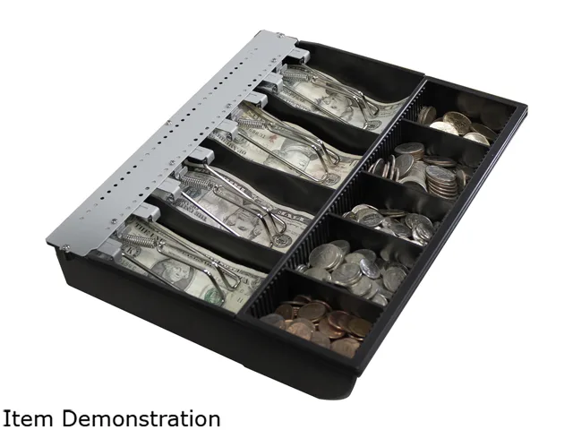 13-inch black plastic cash tray with removable coin insert and dividers