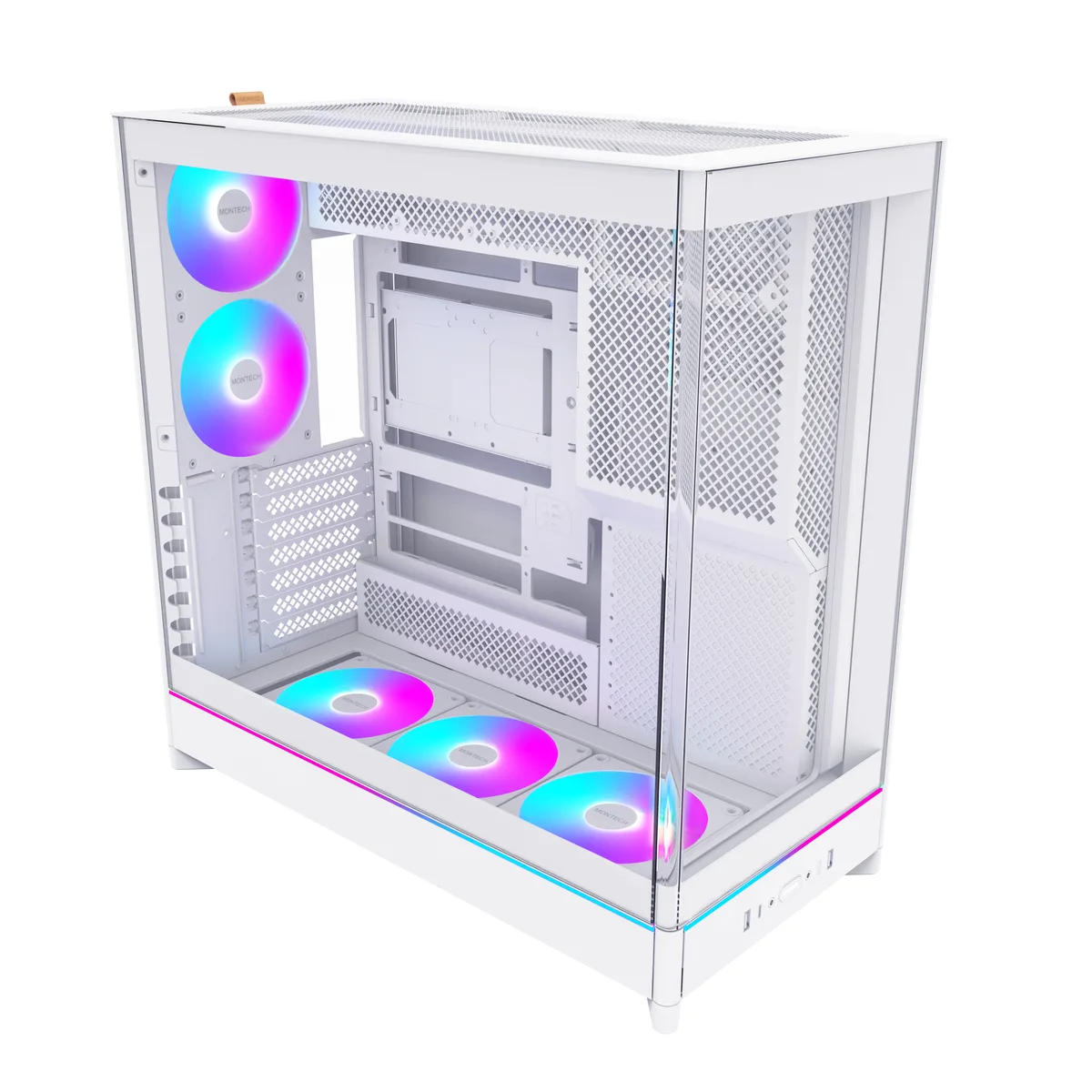 White mid-tower case with curved tempered glass front panel and five pre-installed ARGB fans