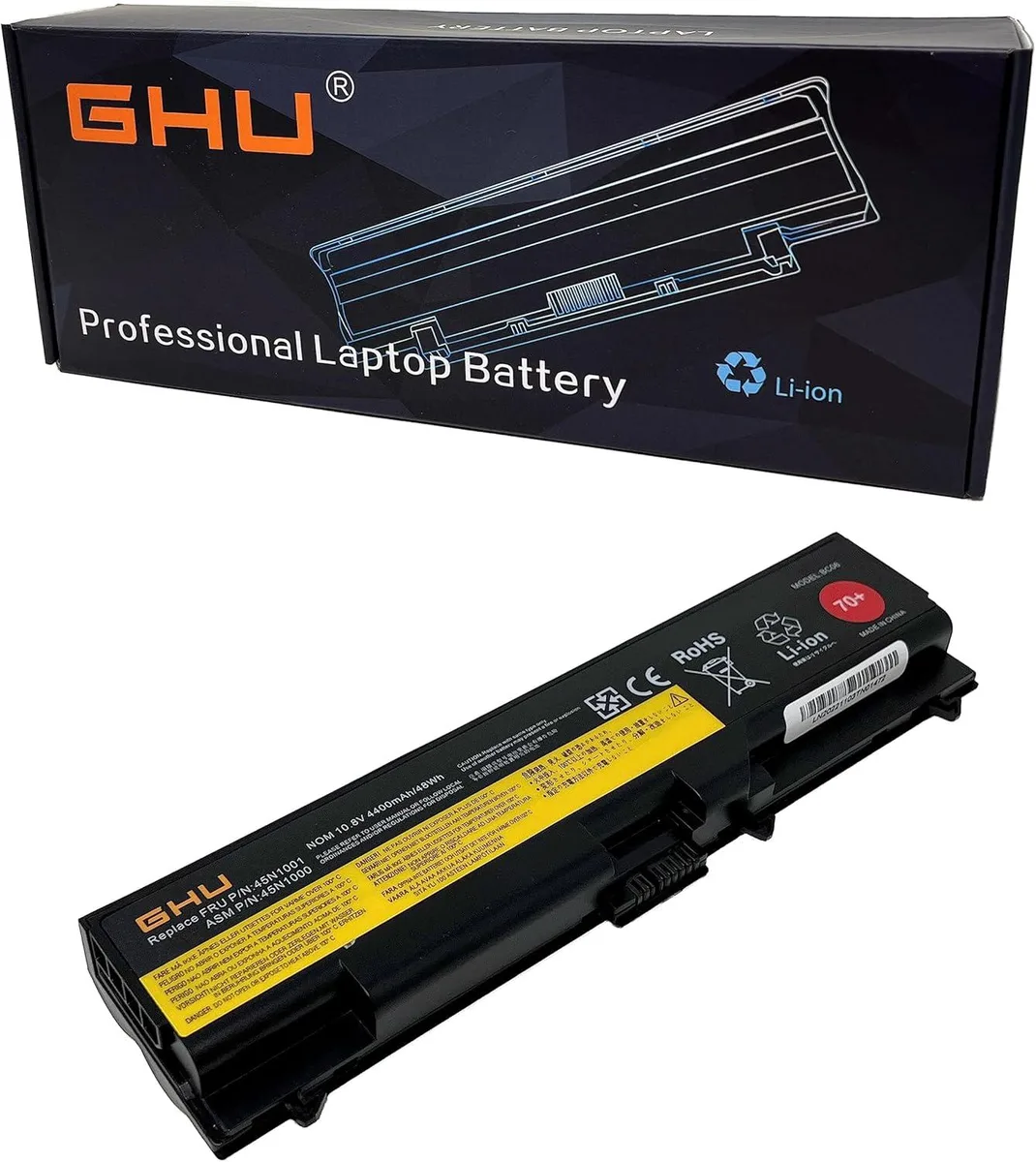 Rectangular black 6-cell laptop battery with label showing 48Wh 70+