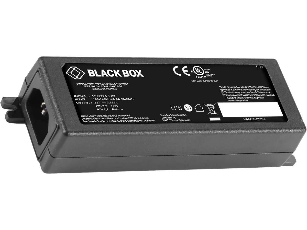 Black Box Corporation Black Box LPJ001A-T-R2 PoE Gigabit Ethernet Injector 802.3at 30W adapter — product photo