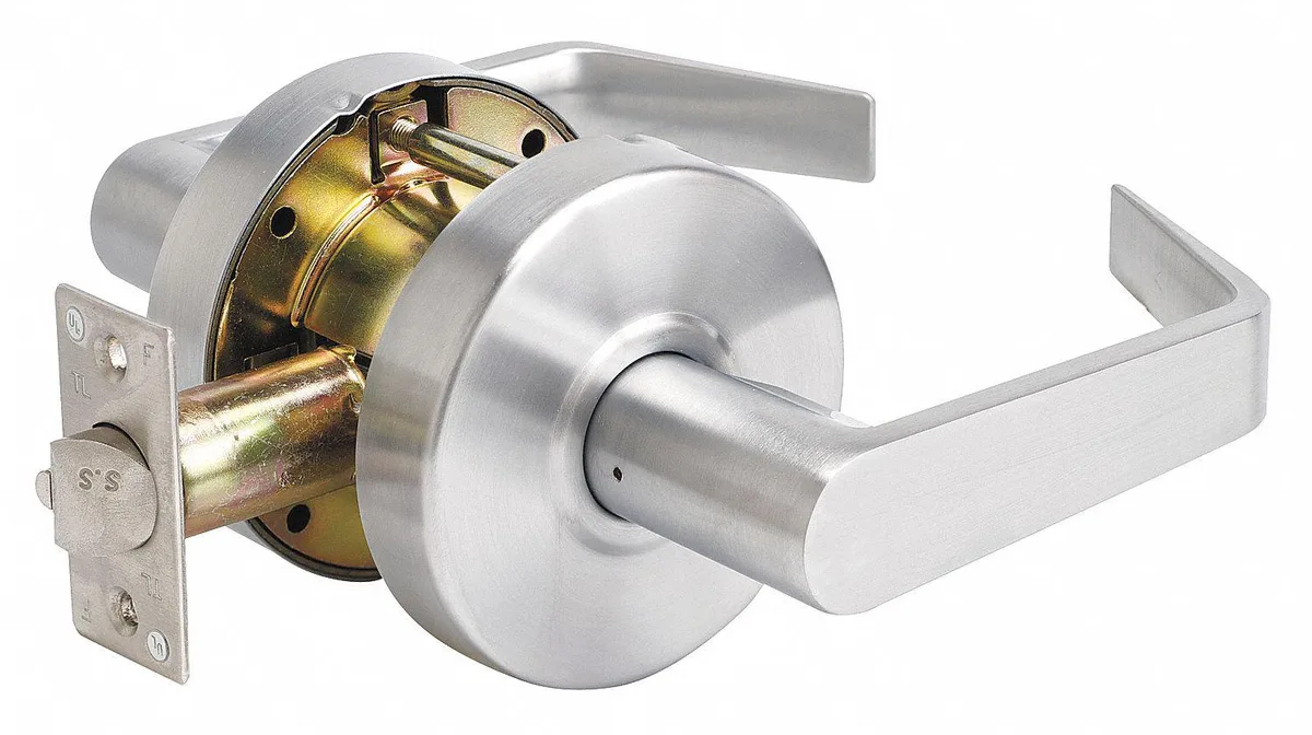 Satin chrome angled lever lockset on rectangular rose